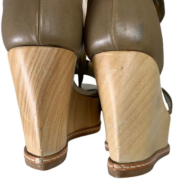 Derek Lam 38 Wedge Sandals Open Toe Side Buckle Green Brown Leather 3.5" heel - Picture 6 of 8
